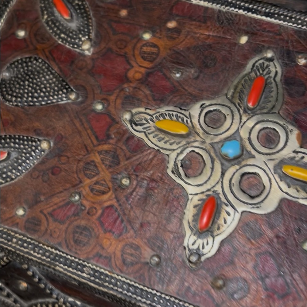 Ornate Moroccan Wooden and Leather Jewelry Box with Silver and Stone Accents - Picture 12 of 16